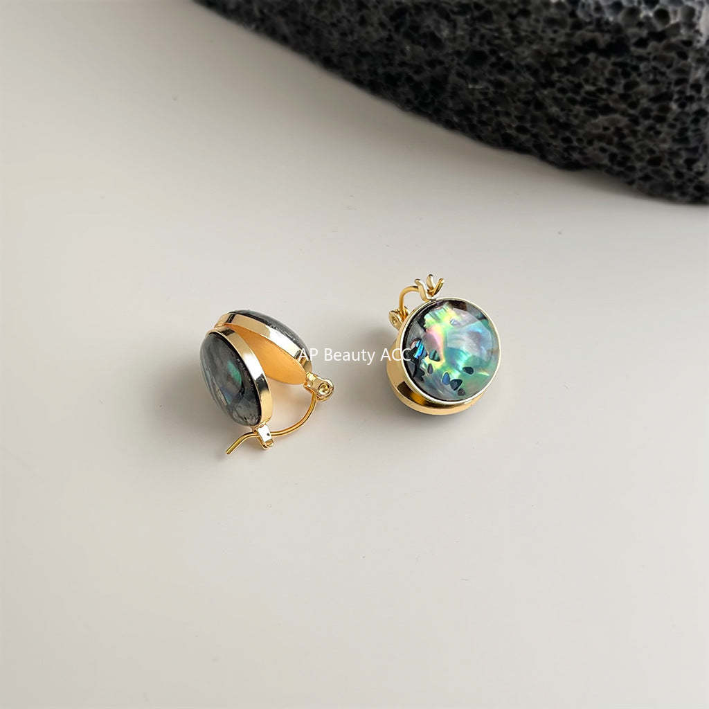 A廠-鮑魚貝！時尚高級感輕奢風中古圓形幾何雙面耳飾工廠貝殼耳環飾品「7101」25.11-4