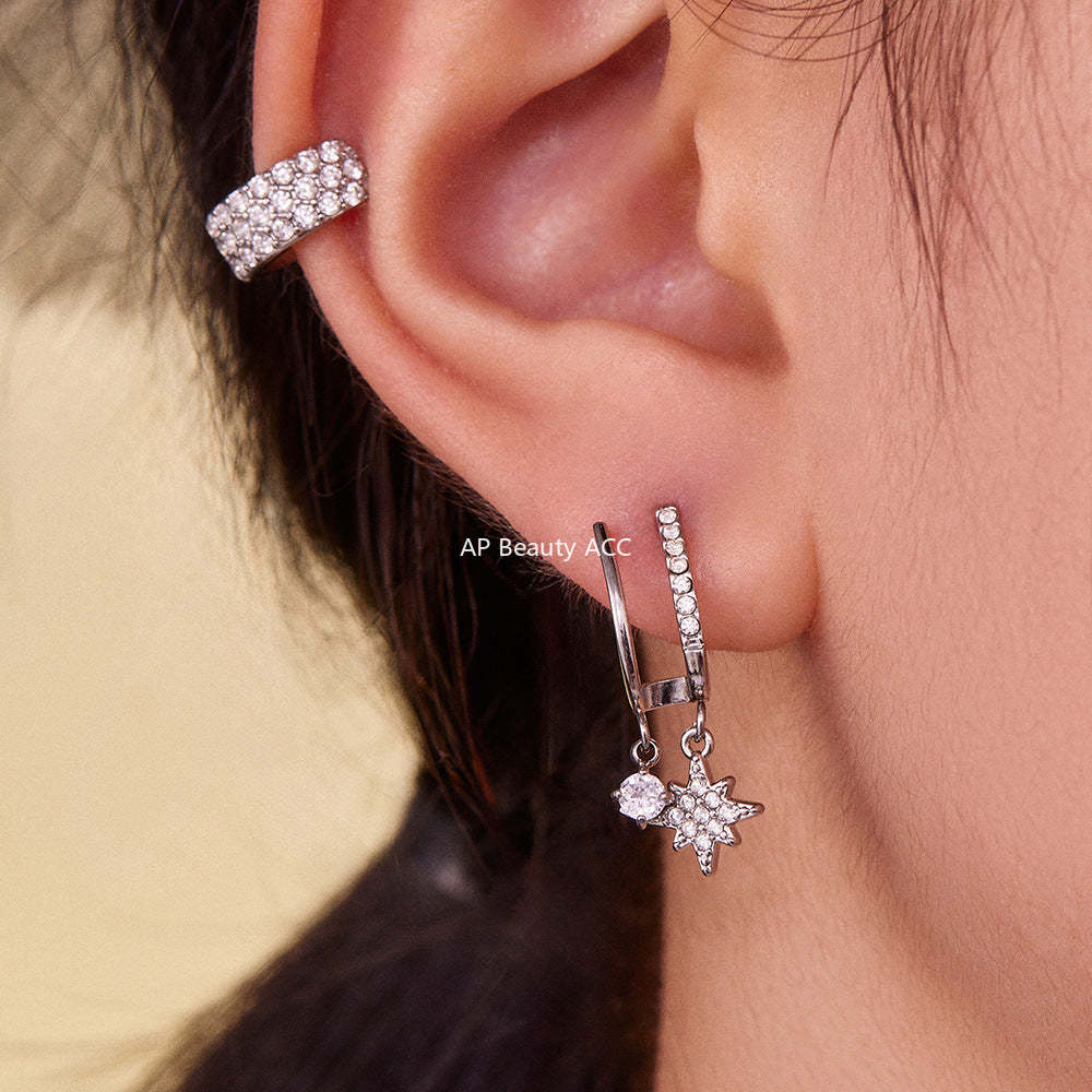 B廠-不鏽鋼5A鋯石雙層爪鑽超閃八芒星吊墜耳環跨境氣質百搭耳飾「F1327」25.10-5