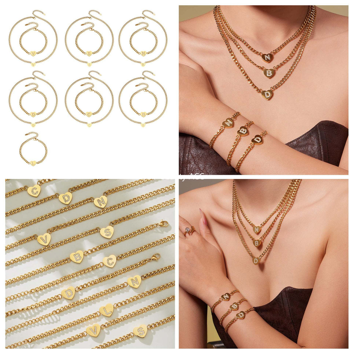 B廠-不鏽鋼愛心字母鑲嵌鋯石吊墜項鍊手鍊套裝 歐美個性首飾鍍18k真金「RP021」25.12-1