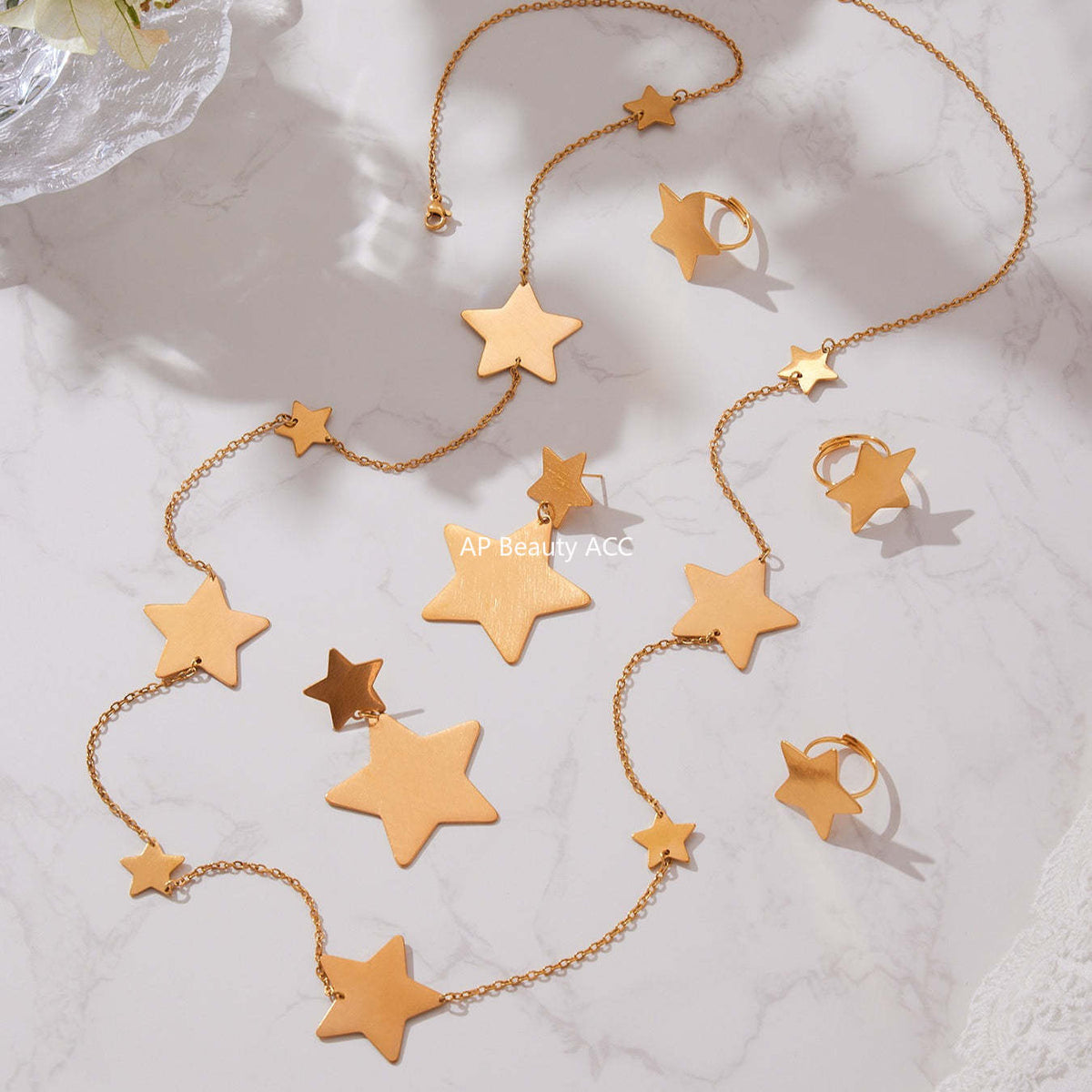 B廠-法式浪漫自然星星形狀戒指耳環毛衣項鍊套裝不鏽鋼鍍18k金「TXP457」25.10-5