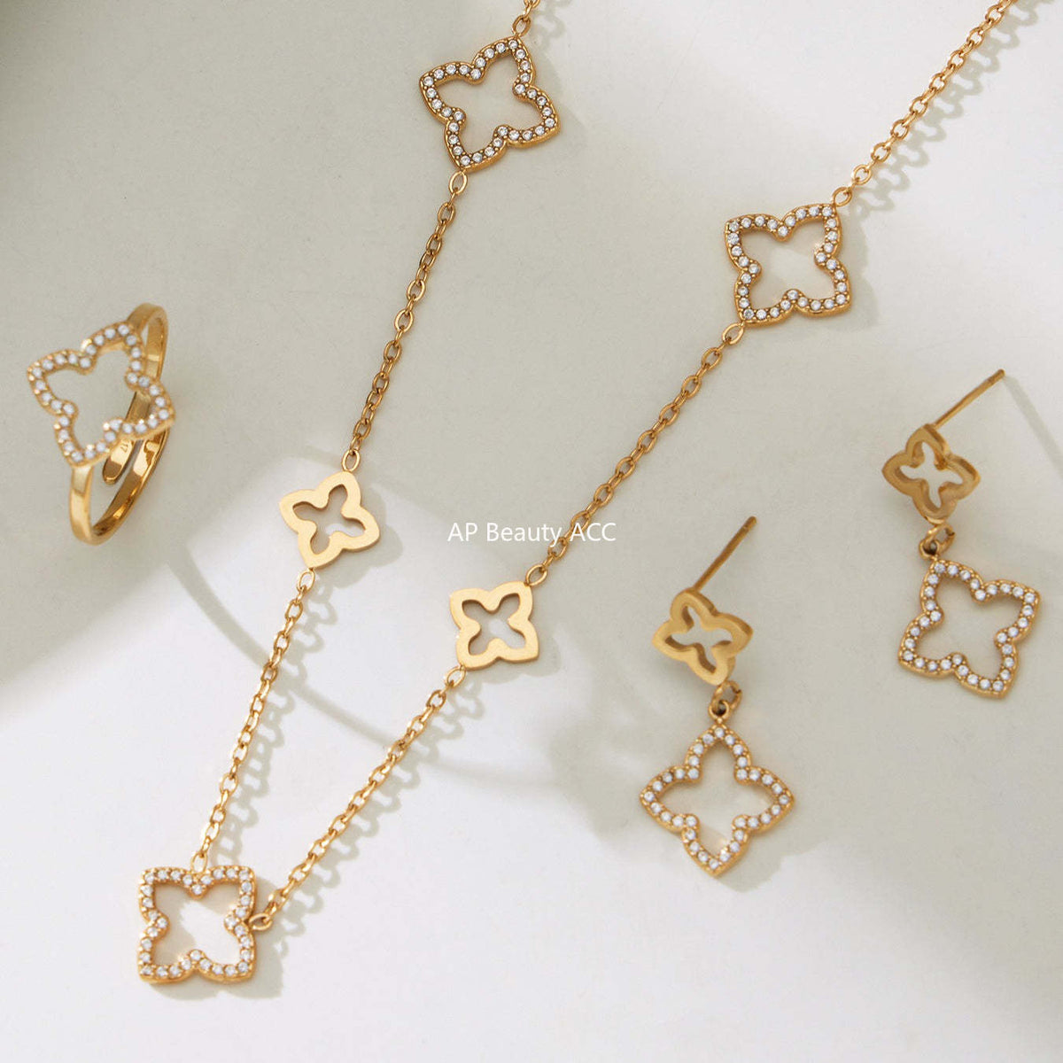 B廠-不鏽鋼鏤空花朵滿鑽鋯石耳環戒指項鍊簡約輕奢首飾套裝鍍18k真金「TXP505」25.12-1