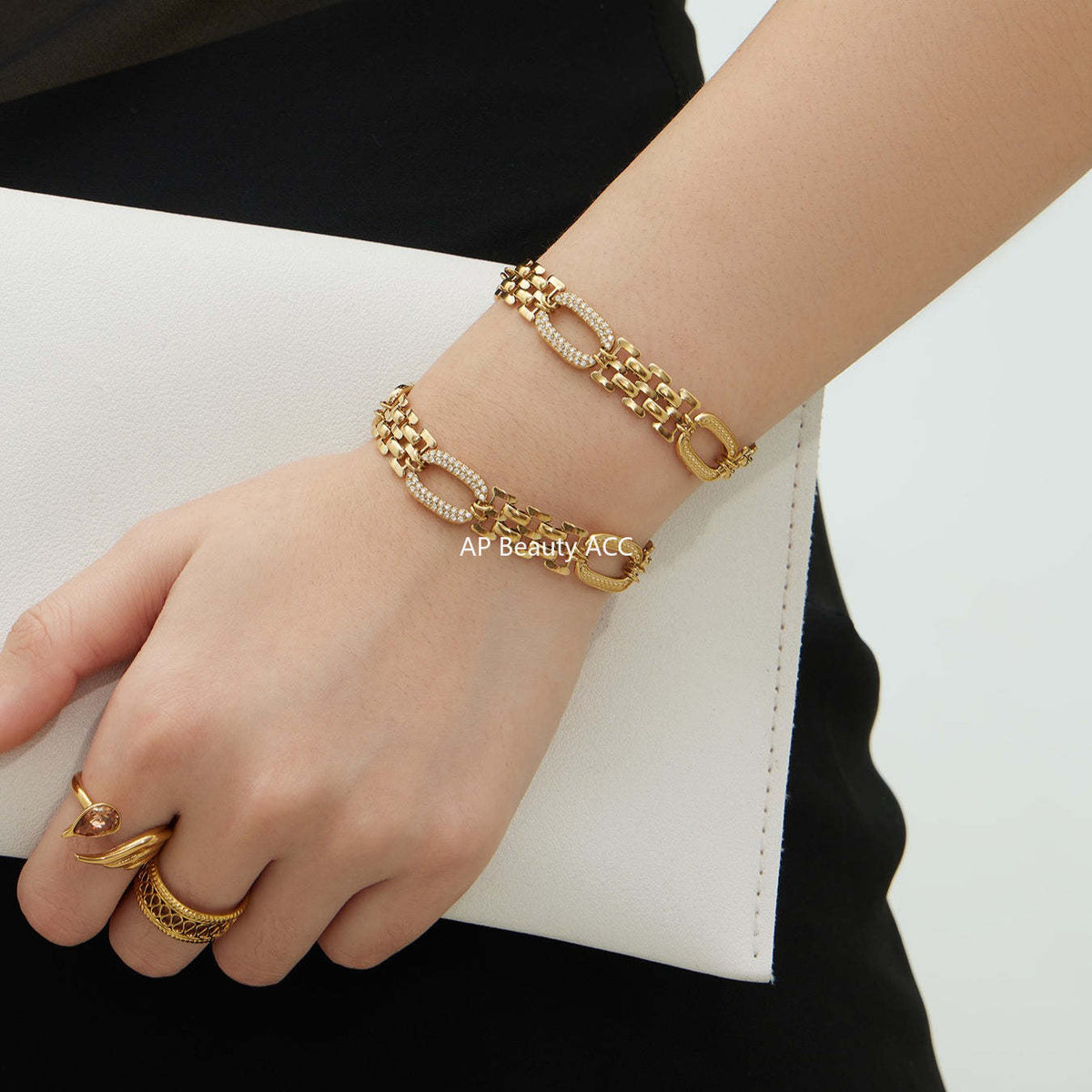 B廠-不鏽鋼超閃5A鋯石手錶鏈手鍊鍍18k真金歐美跨境簡約時尚情侶首飾「E301」25.12-3