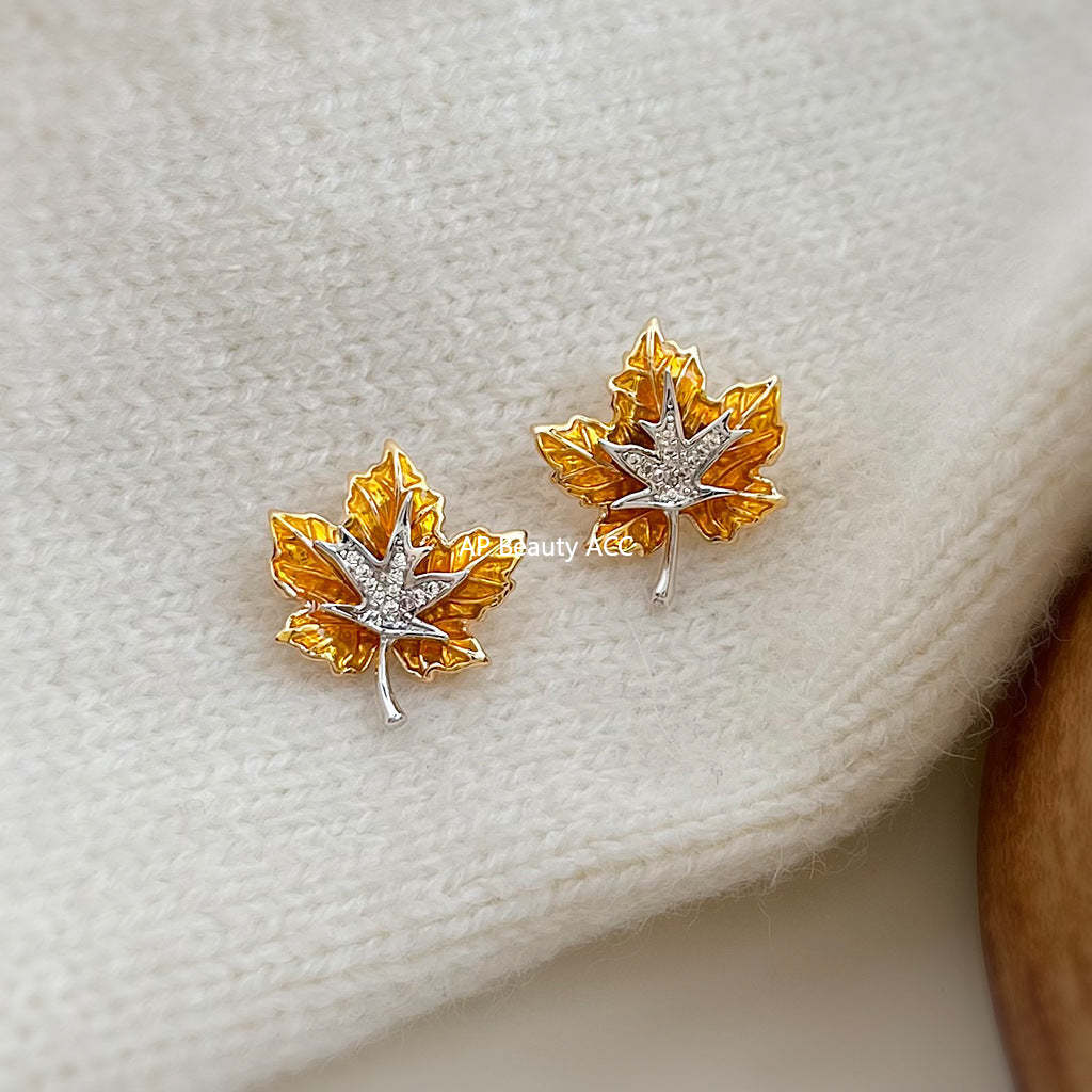 A廠-爆款！楓葉雙拼色微鑲鋯石琺瑯滴釉彩繪s925銀針新款樹葉耳飾耳釘「6996」25.10-5