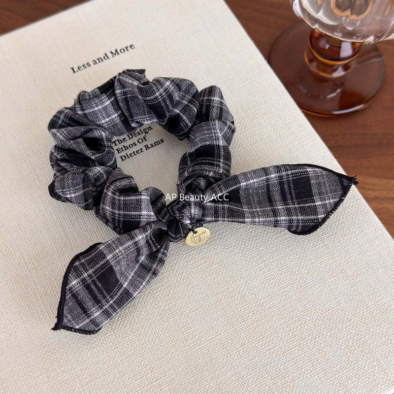 E廠-復古格紋學院風蝴蝶結髮圈減齡時尚百搭髮繩皮筋小腸髮圈頭飾品「27646」25.11-1