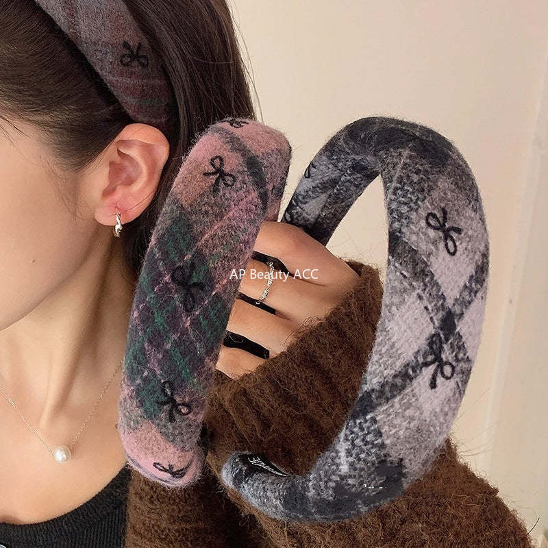 E廠-蝴蝶結毛呢髮箍秋冬高顱頂頭窟復古髮旅頭箍女高級感洋氣時尚髮飾「26085」25.11-3