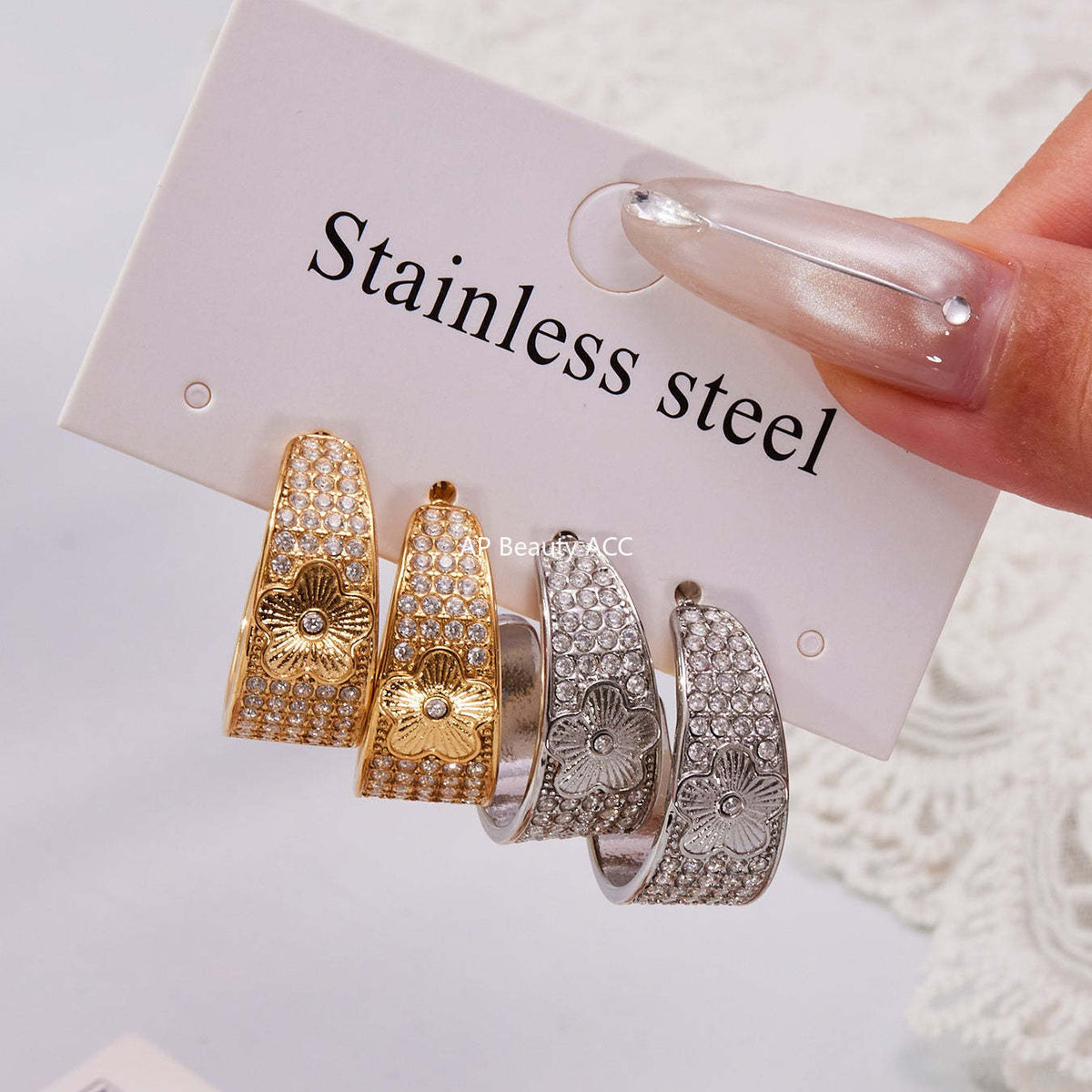 B廠-新款中古風滿鑽C型花點鋯石耳環不鏽鋼鍍18k金跨境珠寶首飾「F954-F983」25.10-5