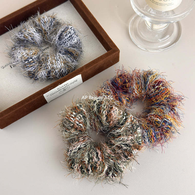 E廠-高級感彩色毛線編織大腸髮圈個性氣質馬尾髮繩小眾設計感韓版髮飾「24417」25.11-1