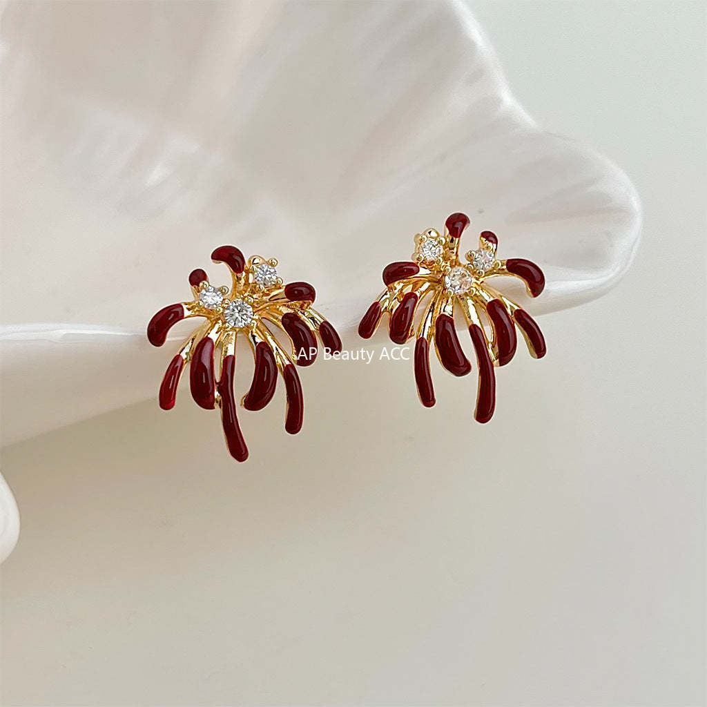 A廠-璀璨煙火微鑲鋯石琺瑯滴釉紅酒時尚高級感s925銀針新款耳飾女耳釘「7248」25.12-3