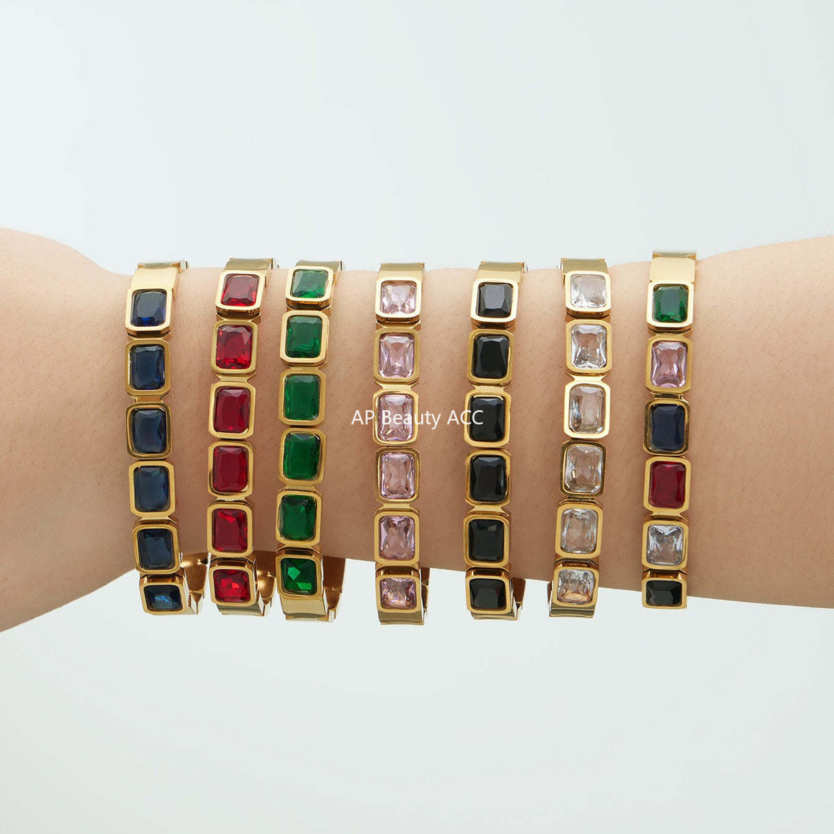 B廠-不鏽鋼方形彩色玻璃石手鐲ins小眾設計歐美潮酷飾品鍍18k金不掉色「Z518」25.12-2