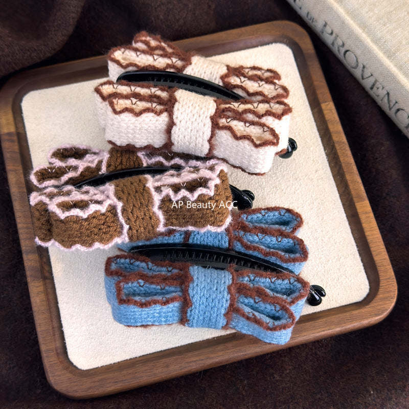 E廠-韓國復古針織毛線雙層蝴蝶結髮夾香蕉夾2025新款秋冬款盤髮馬尾夾「27758」25.12-1