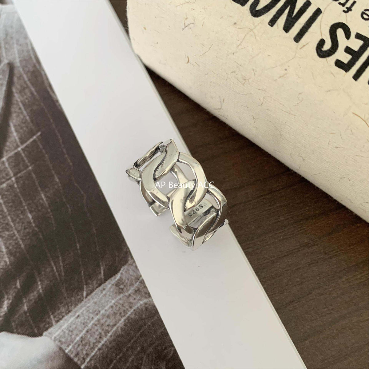 F廠-韓國韓版S925純銀簡約 個性復古泰銀 寬鎖鏈方條開口戒指指環「J549」25.12-2