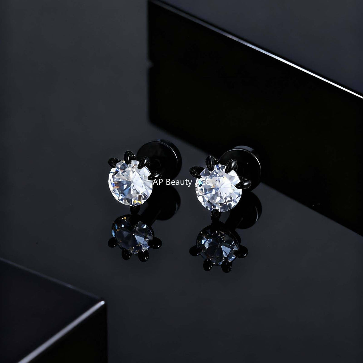 G廠-不鏽鋼簡約百搭冷淡小眾白鋯石龍爪耳釘黑色「ES-767B」25.11-3