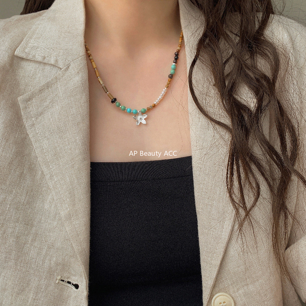 C廠-泰國清邁手工銀 天然珍珠花朵鋁鎂礦圖畫石S925純銀手鍊925銀項鍊「1540」25.11-2