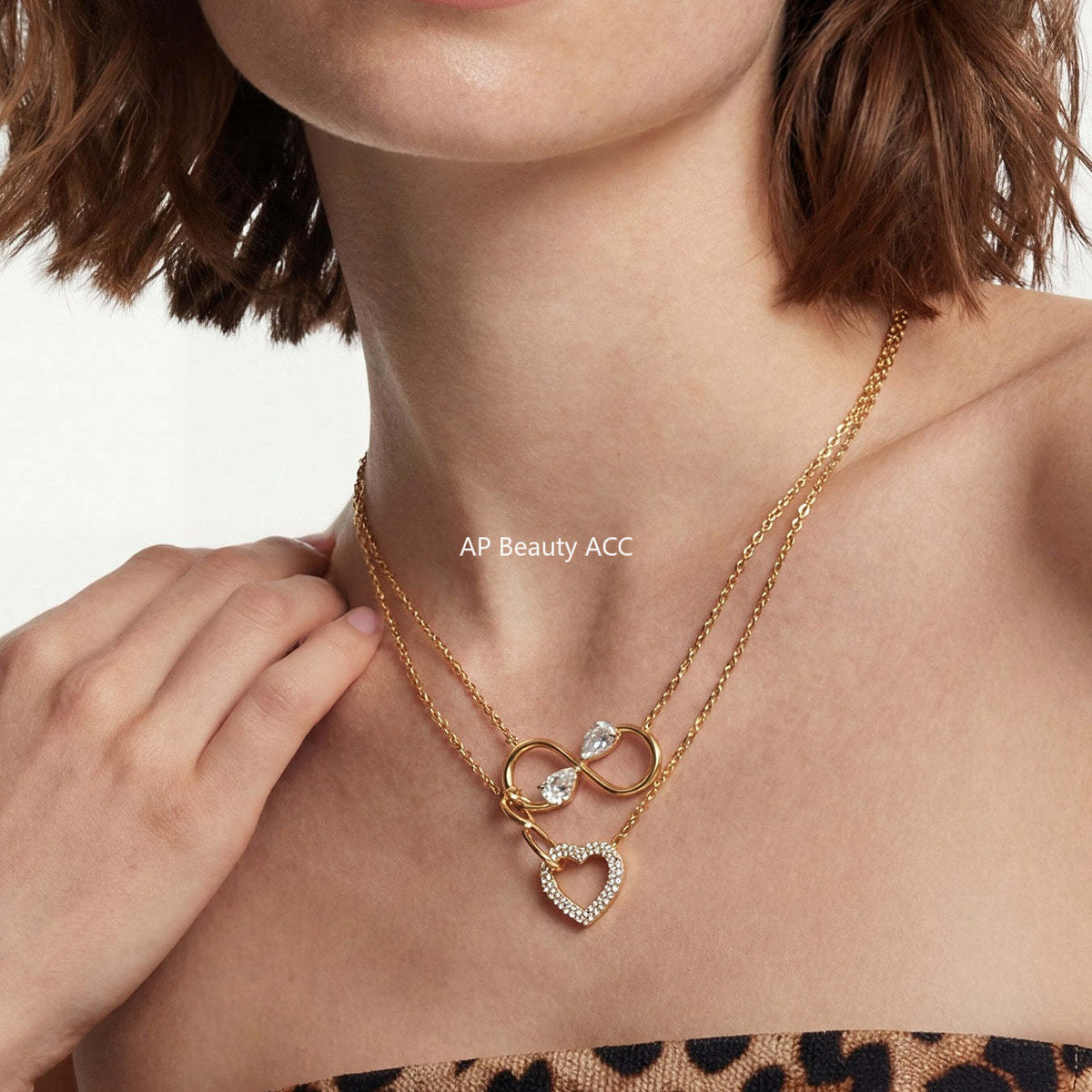 B廠-不鏽鋼滿鑽超閃愛心8字交叉項鍊手鍊套裝歐美風時尚飾品鍍18k真金「TXP529」25.12-3