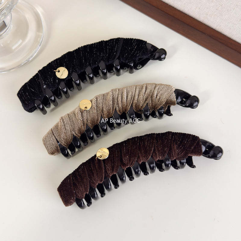 E廠-秋冬復古絨布三角抓夾輕奢純色布藝纏繞香蕉夾高級感扎馬尾竪夾「27720」25.11-4