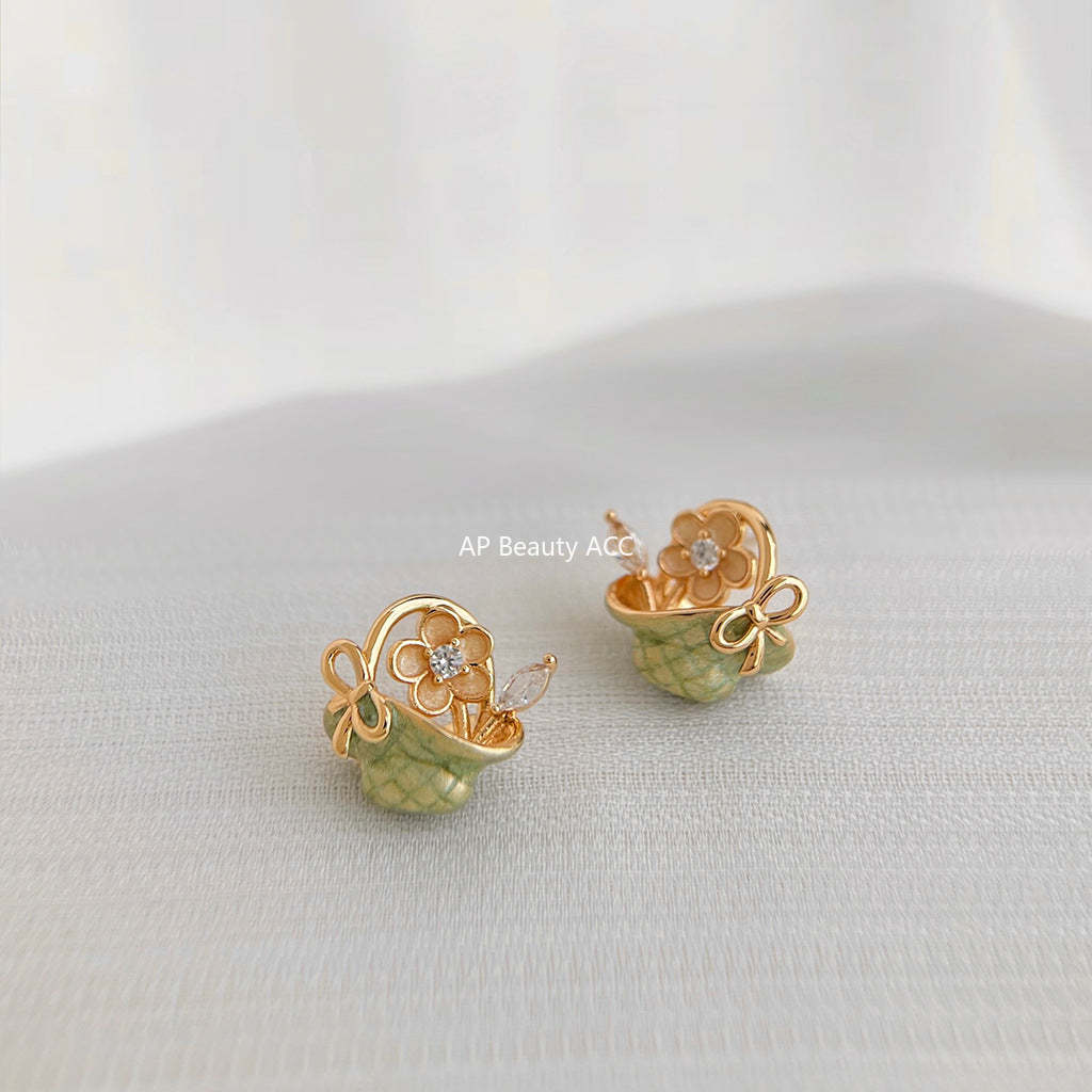 A廠-原創森系花籃手工彩繪琺瑯滴釉s925銀針微鑲鋯石耳環田園風耳飾女「6987」25.10-5