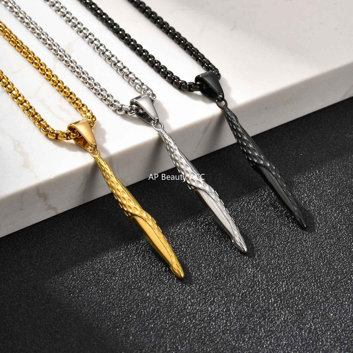 G廠-不鏽鋼跨境錘紋長條吊墜黑色時尚嘻哈風小眾個性飾品「PN-2217」25.11-1