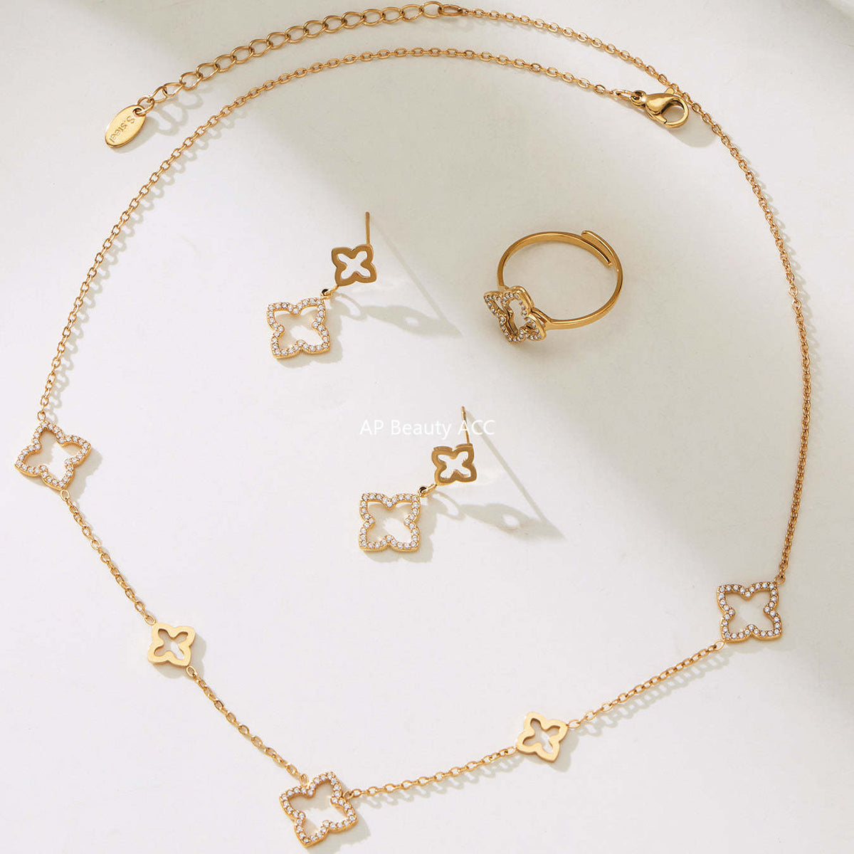 B廠-不鏽鋼鏤空花朵滿鑽鋯石耳環戒指項鍊簡約輕奢首飾套裝鍍18k真金「TXP505」25.12-1