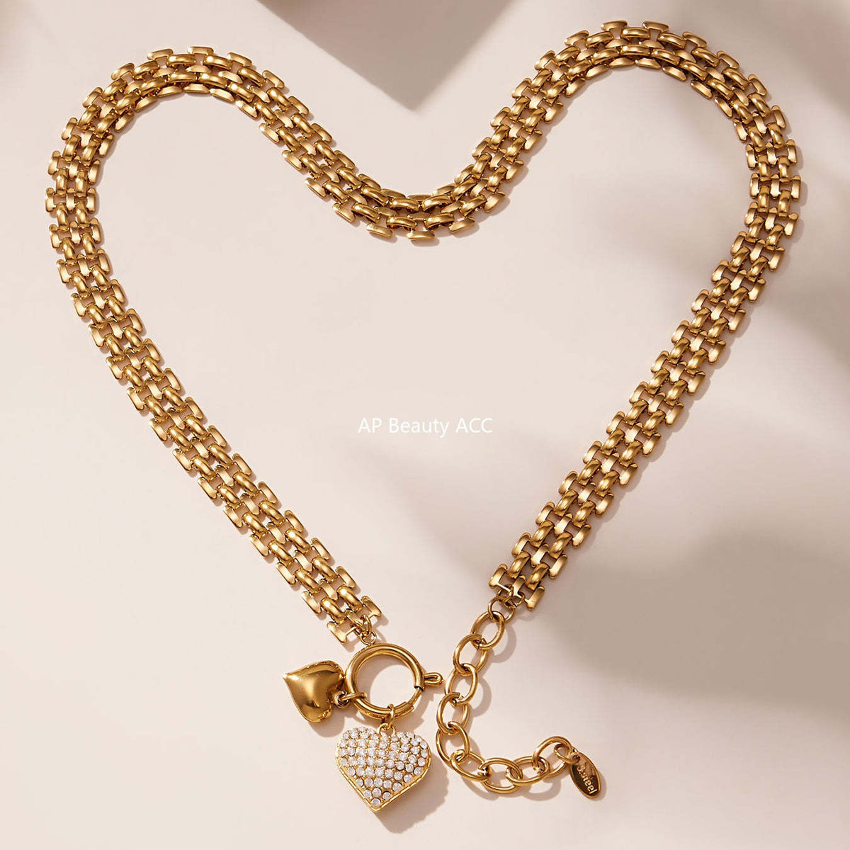 B廠-新款錶帶鏈彈工扣滿鑽鋯石愛心吊墜項鍊手鍊套裝不鏽鋼材質「TXP476」25.11-3