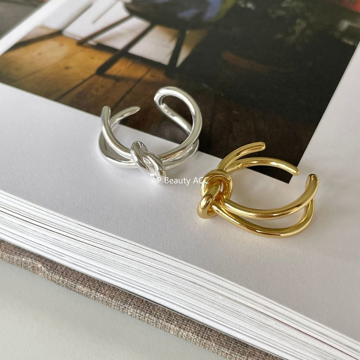 F廠-日韓打結開口925純銀戒指女金色食指環戒子韓國簡約手飾品「J743」25.11-2