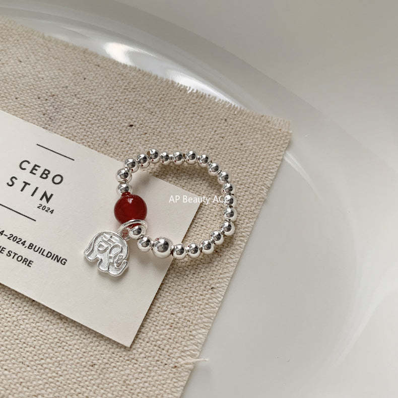 C廠-新中式古風大象小象小魚福袋蝴蝶結錢幣紅瑪瑙S925純銀彈力戒指「1520-1527」25.11-3