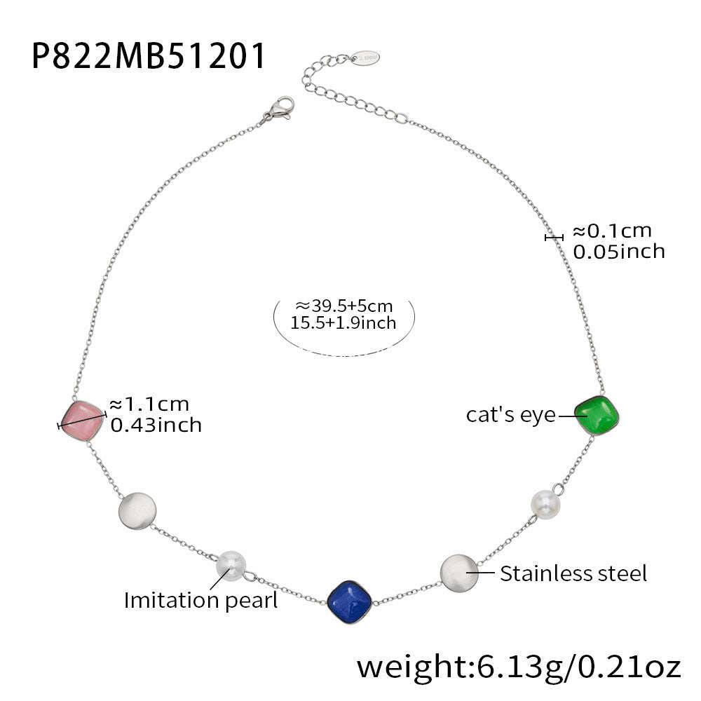 B廠-不鏽鋼貓眼石多色手工串膠珠鎖骨項鍊鍍18k真金質感女款珠寶首飾「P822」25.12-2