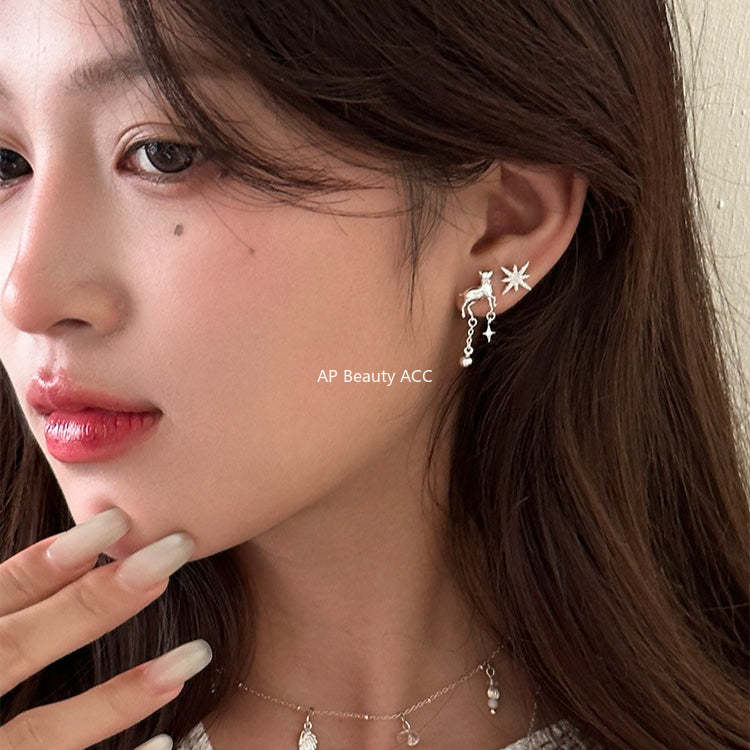 C廠-甜美風幸運小鹿耳釘女高級星星流蘇銀針耳環氣質冷淡風不對稱耳飾「EH-4262」25.11-4