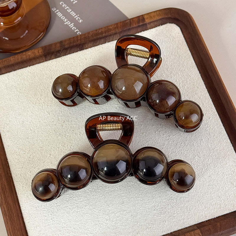 E廠-咖色高級感圓珠抓夾女2025新款高級感大號鯊魚夾後腦勺髮夾頭飾「27701」25.11-3