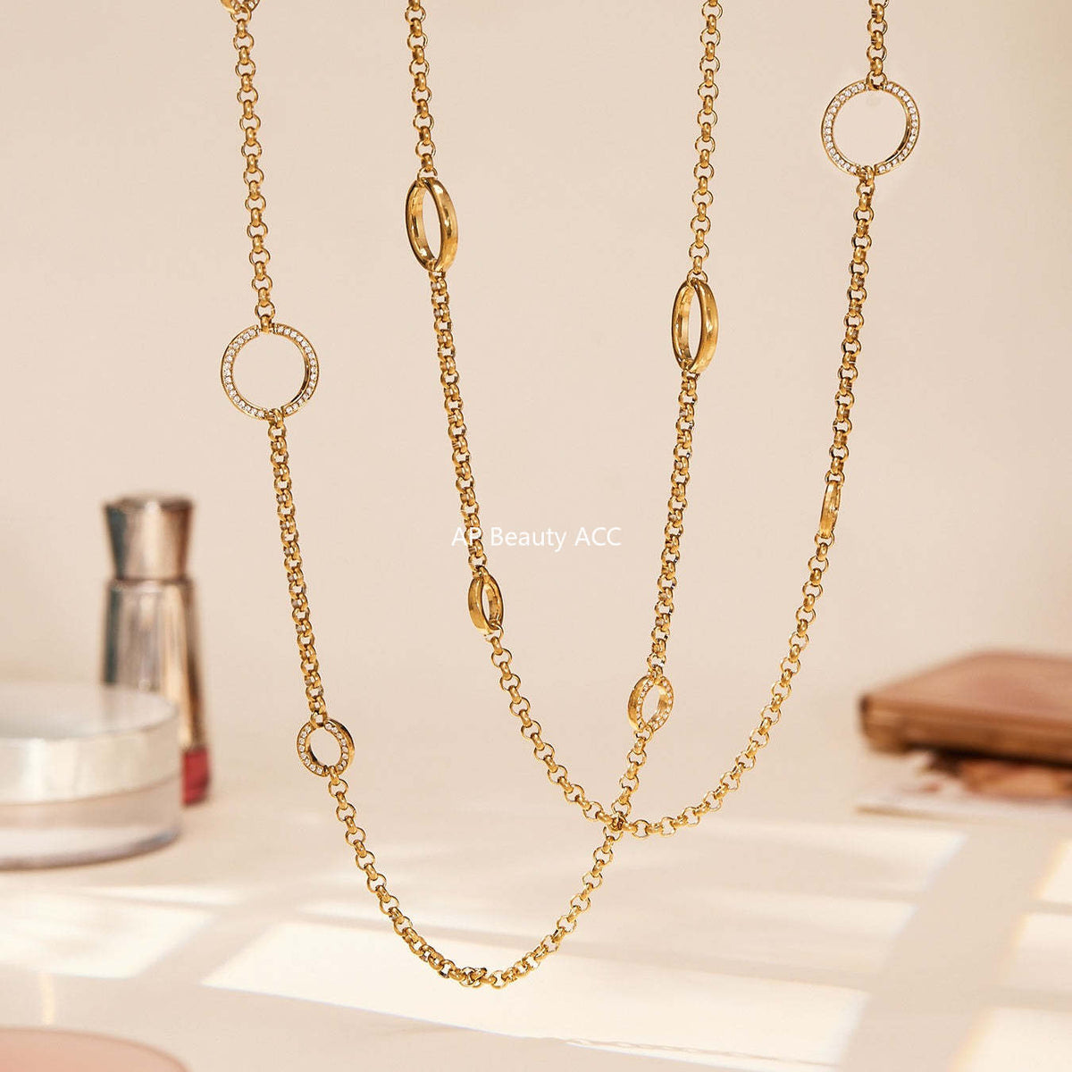 B廠-跨境流行長款毛衣鏈O字5A鋯石雙層疊戴項鍊不鏽鋼材質飾品「M085」25.11-3