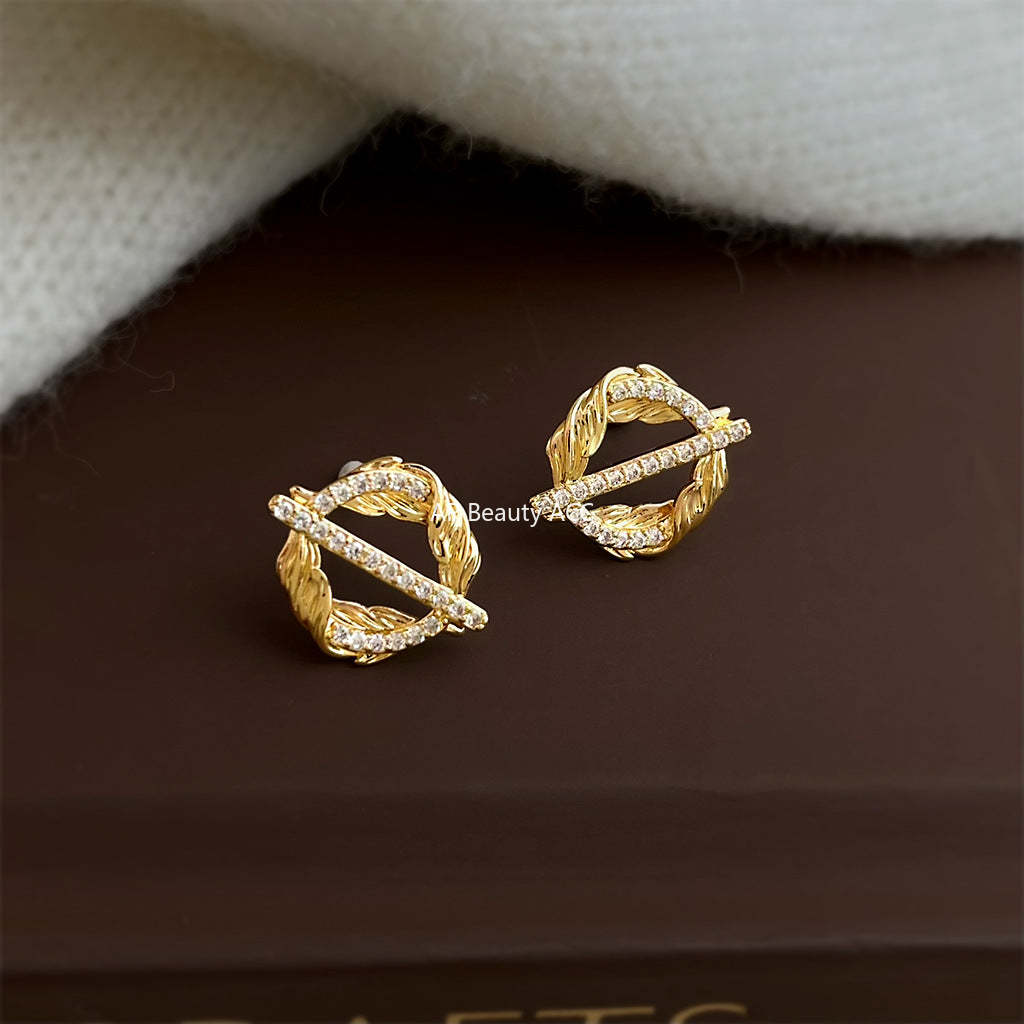 A廠-麥穗~原創設計微鑲鋯石925銀針新創意小眾個性圓形幾何耳飾耳釘「7153」25.11-4