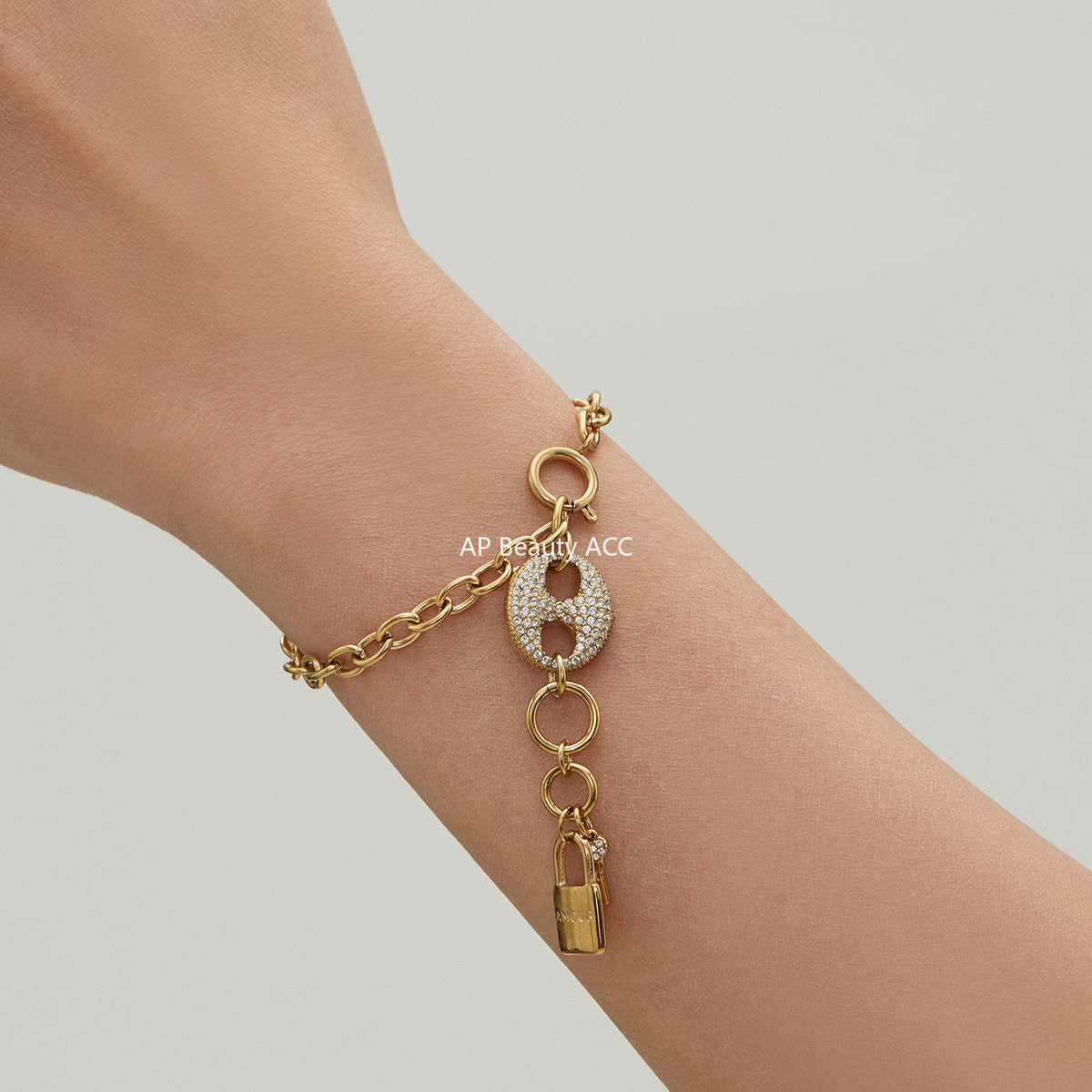 B廠-不鏽鋼滿鑽鋯石豬鼻子鎖頭流蘇吊墜珠寶扣項鍊手鍊套裝鍍18k真金「TXP516」25.12-2