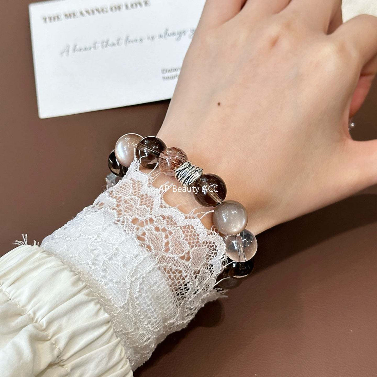AS廠-天然奶茶月光白水晶手串茶晶黑金超轉運招財小眾設計美拉德手「l2969」25.10-5