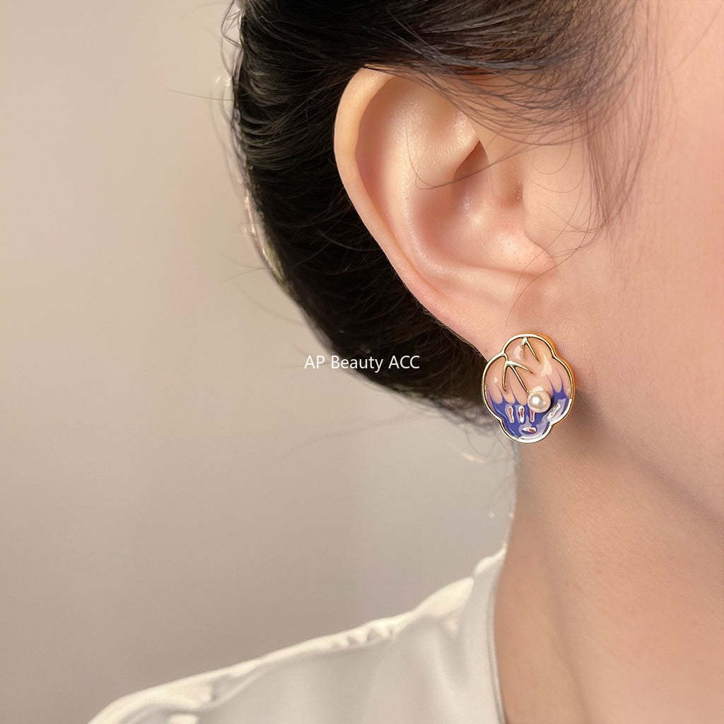 A廠-新中式琺瑯滴釉手工彩繪s925銀針新款時尚高級感耳釘「7162」25.12-1