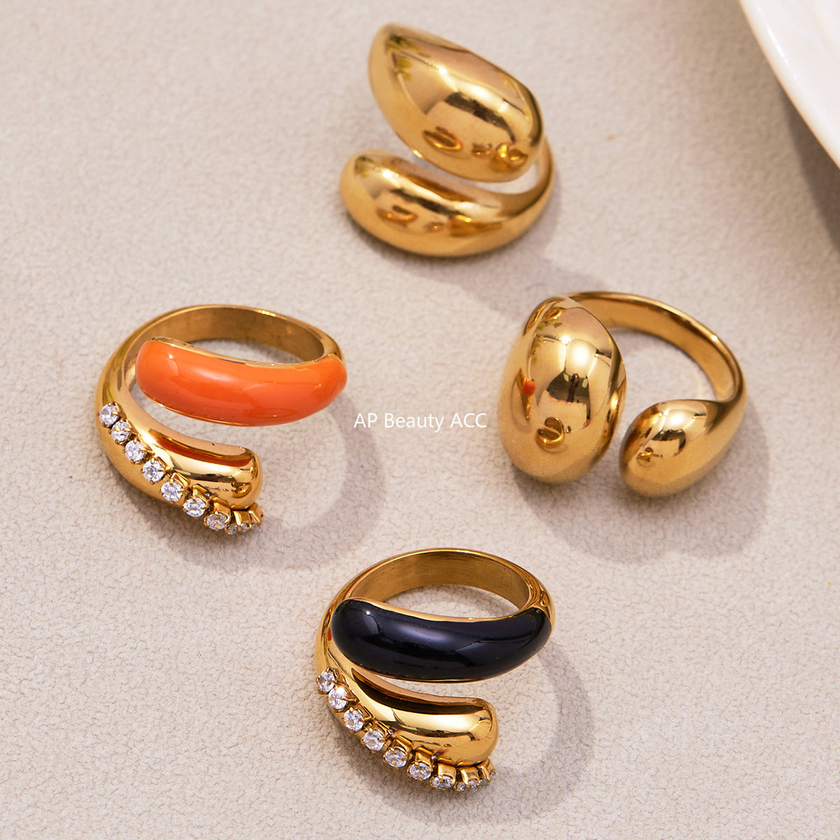 B廠-跨境法式光面雙水滴開口戒指不鏽鋼鍍18k真金不掉色首飾品「A656-A658」25.11-1