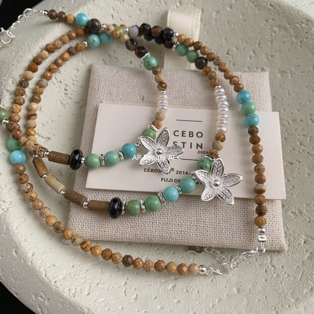 C廠-泰國清邁手工銀 天然珍珠花朵鋁鎂礦圖畫石S925純銀手鍊925銀項鍊「1540」25.11-2