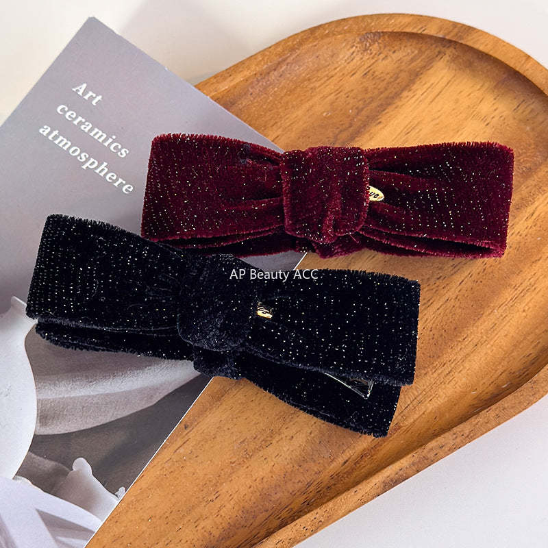 E廠-復古金絲絨細閃蝴蝶結香蕉夾女扭扭夾秋冬新款高馬尾竪夾髮卡髮飾「27763」25.12-1