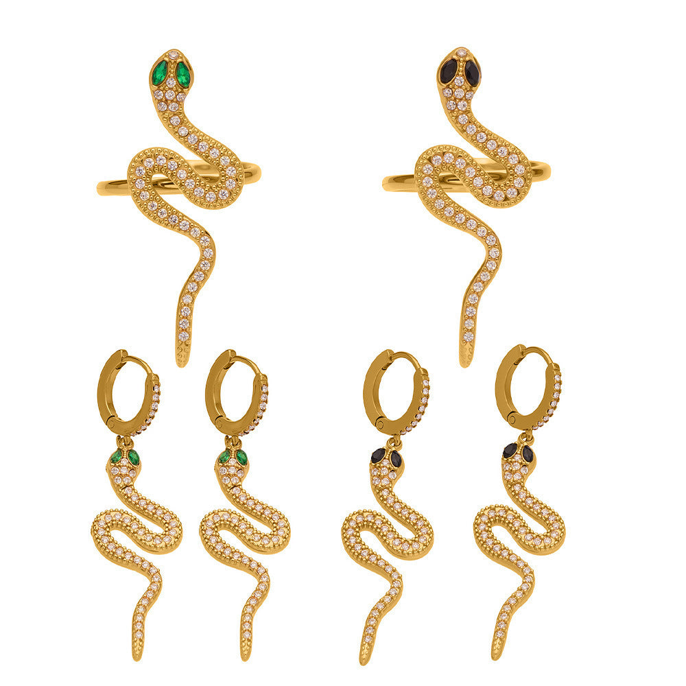 B廠-精緻5A鋯石蛇形滿鑽不鏽鋼戒指耳環首飾套裝鍍18k金跨境飾「TXF412」25.10-1