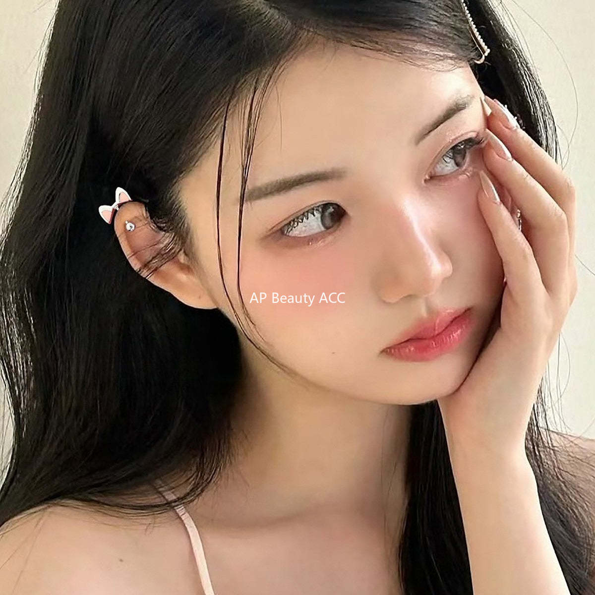 C廠-甜美可愛粉色貓耳耳骨釘女簡約百搭小香風鋯石滴油耳釘秋冬新耳飾「EH-4297」25.12-1