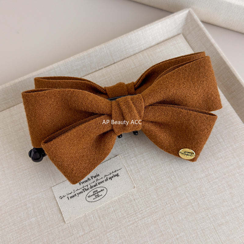 E廠-韓國秋冬高級感雙面呢子蝴蝶結香蕉夾韓系金標竪夾馬尾髮夾髮飾「27639」25.11-1