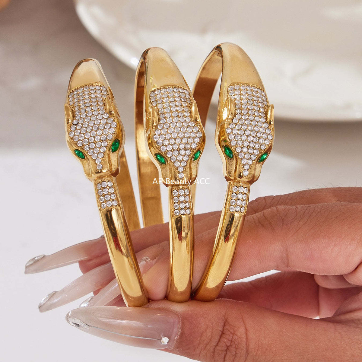 B廠-歐美新款雙豹子頭滿鑽5A鋯石開口彈力手鐲不鏽鋼鍍18k真金「Z506-Z507-Z508」25.10-5