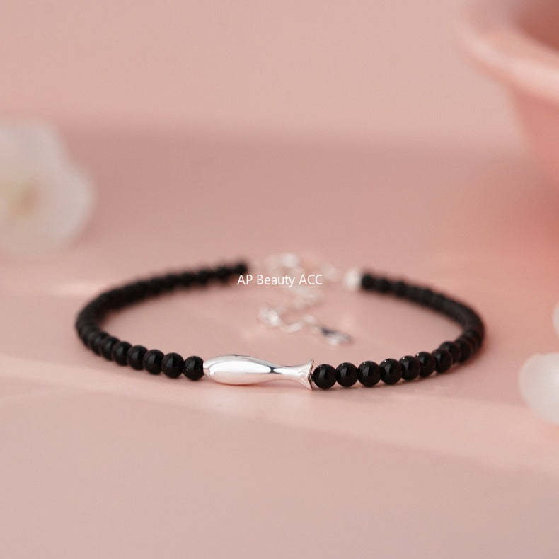 D廠-S999足銀小魚黑瑪瑙手鍊個性創意可愛ins韓風溫柔手飾批發「YC5314SL_1」25.10-5