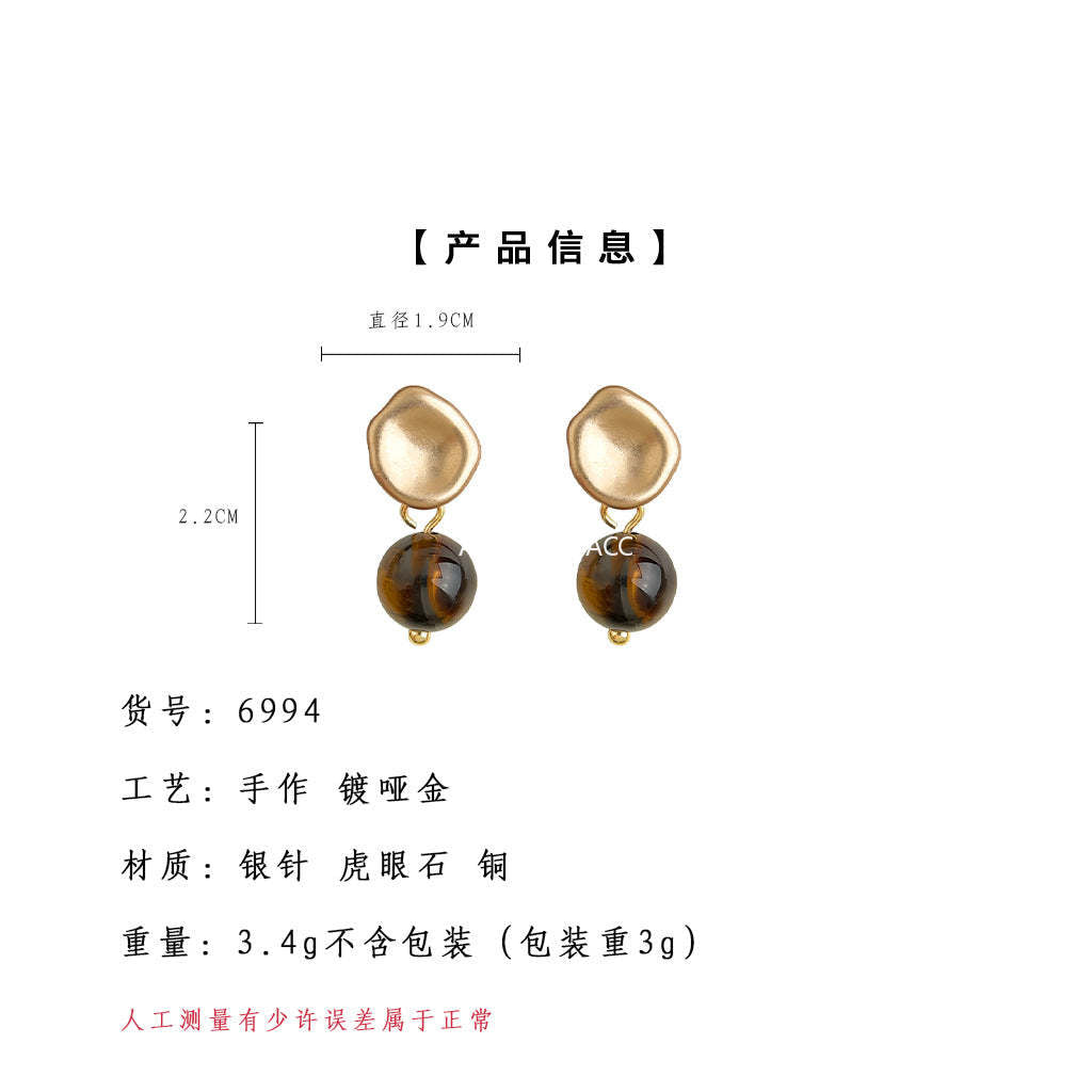 A廠-文藝復古天然石虎眼石925銀針時尚高級感簡約圓形幾何耳飾 耳環女「6994」25.10-5