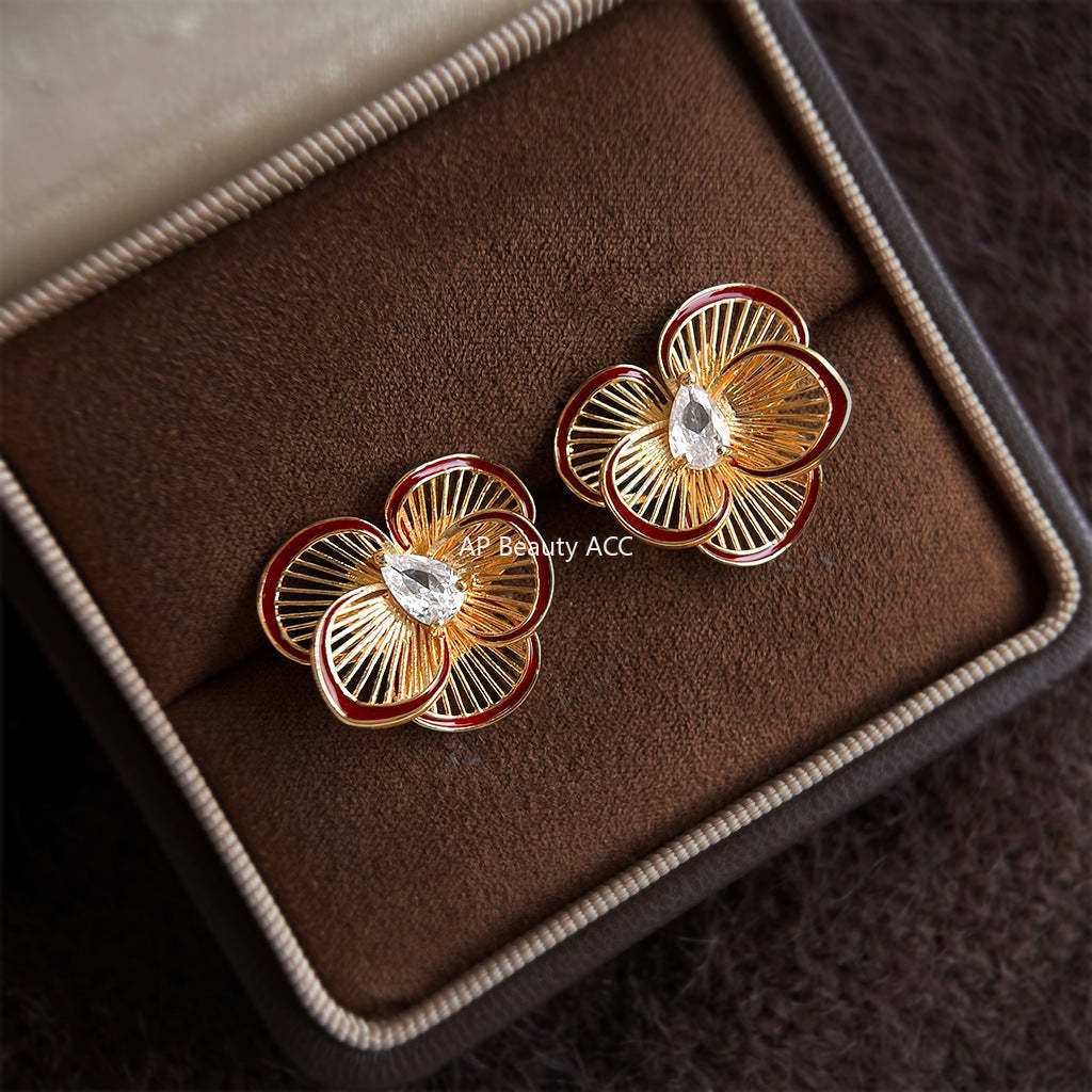 A廠-時尚高級感爆款酒紅色滴釉鑲嵌鋯石立體大花朵耳飾S925銀針耳環女「6982」25.10-5