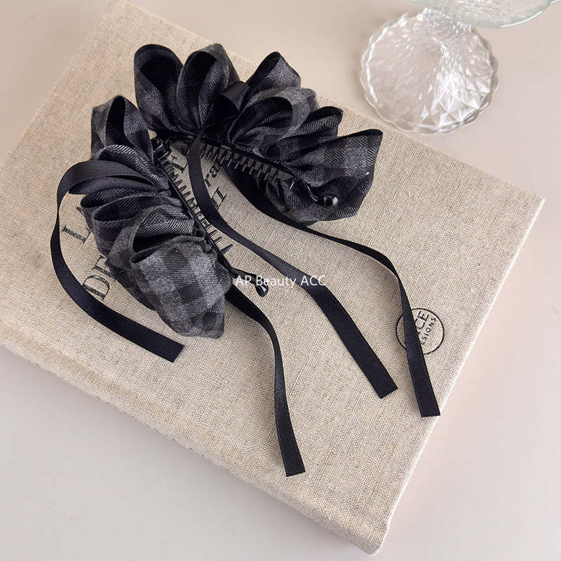 E廠-韓系格雷灰磨毛格紋褶皺花苞香蕉夾溫柔氣質高級飄帶蝴蝶結馬尾夾「27723」25.11-4