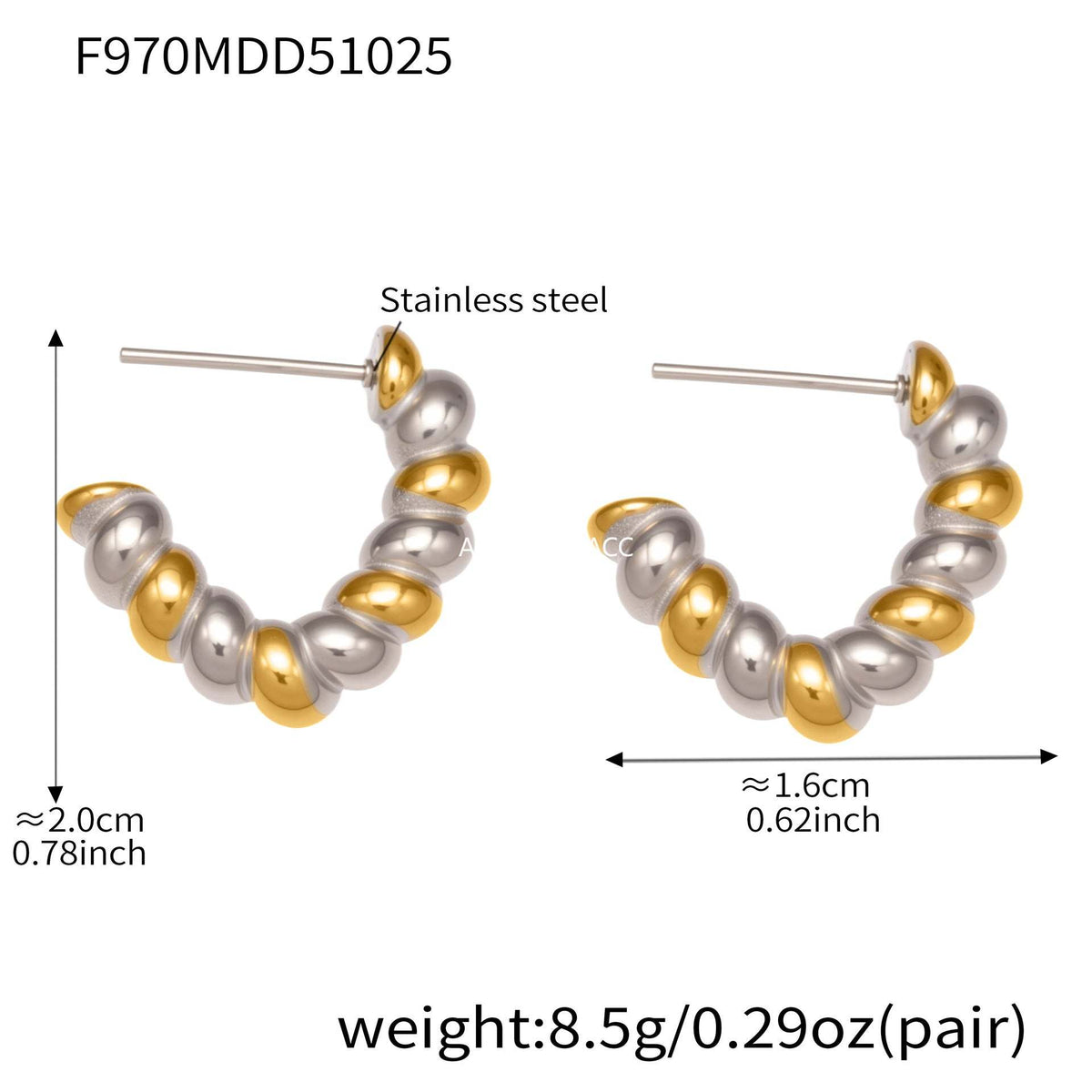 B廠-不鏽鋼重工螺紋麻花形狀耳環拼色間電鍍18k金簡約新潮耳釘「F970」25.10-5