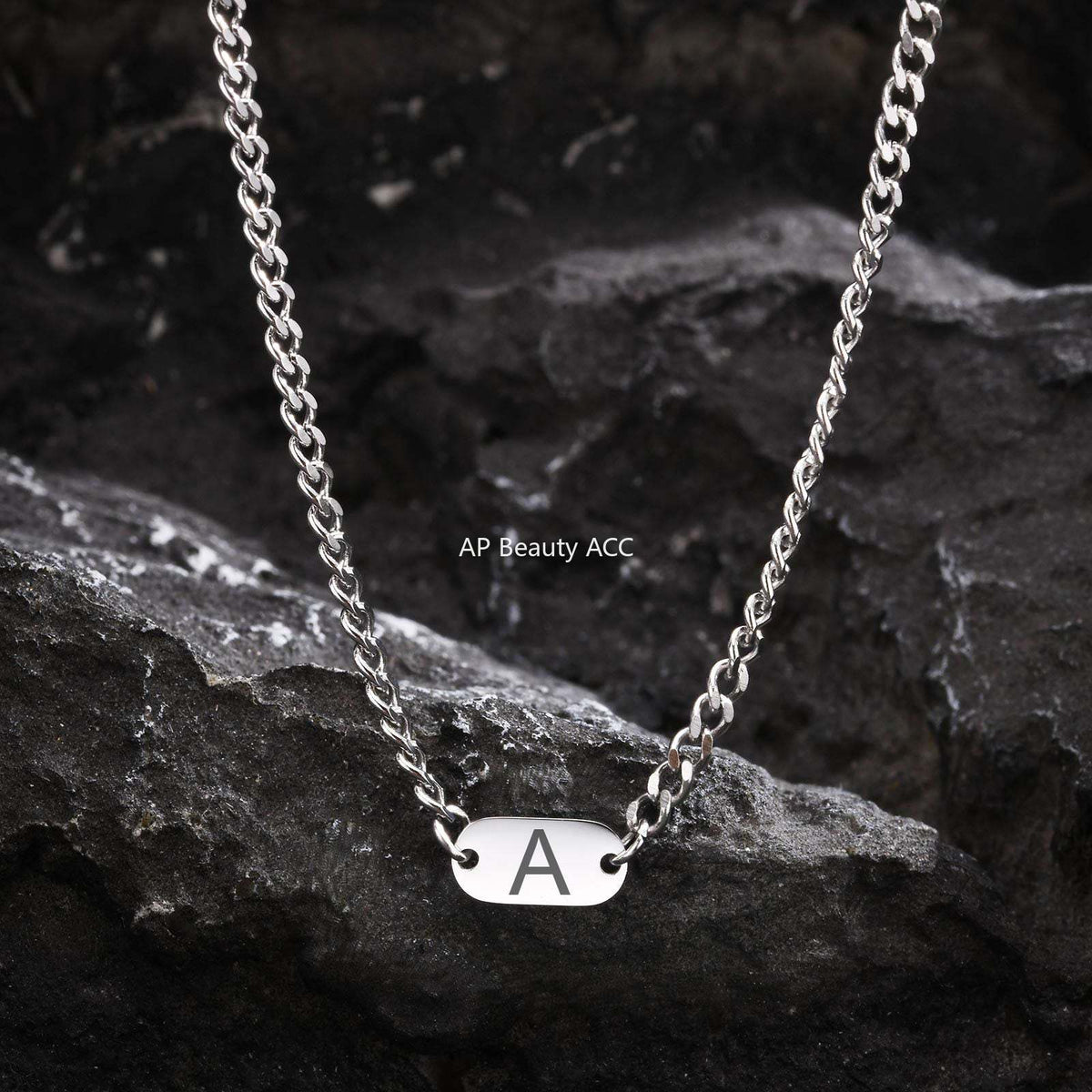 G廠-不鏽鋼磨鏈橢圓牌嘻哈小眾設計英文字母項鍊鋼色「NC-1898S」25.11-3
