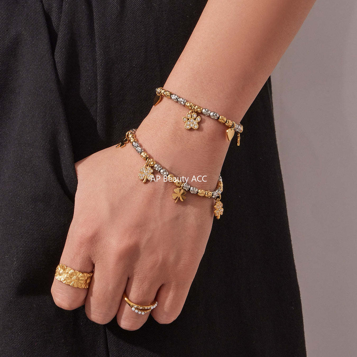 B廠-簡約不鏽鋼拼色項鍊手鍊套裝四葉草鑲嵌鋯石吊墜鍍18k真金「TXP467-TXE467」25.11-3