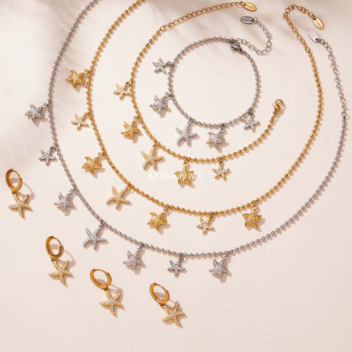 B廠-跨境新款不鏽鋼鋯石海星吊墜耳環項鍊手鍊套裝簡約鑲鑽配飾「TXP478」25.11-4