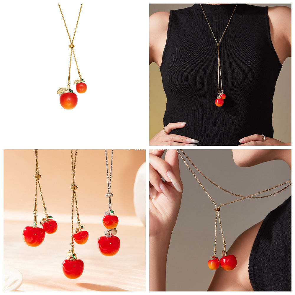 B廠-5A鋯石抽拉大小櫻桃吊墜毛衣項鍊不鏽鋼鍍18k真金珠寶首飾「P1366」25.11-3