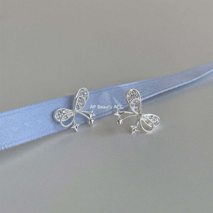 C廠-韓系小香風蝴蝶結星星耳釘女輕奢高級感銀針鋯石耳環精緻秋冬耳飾「EH-4329」25.12-1